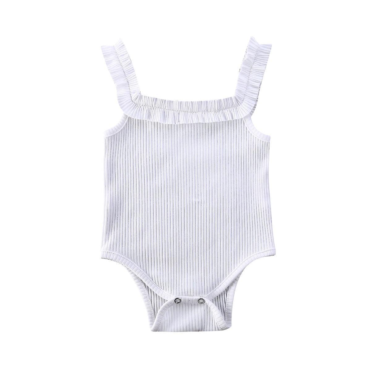 Slowmoose Baby Summer Clothing, Newborn Sleeveless Cotton Bodysuit, Ribbed Ruffled White 24M