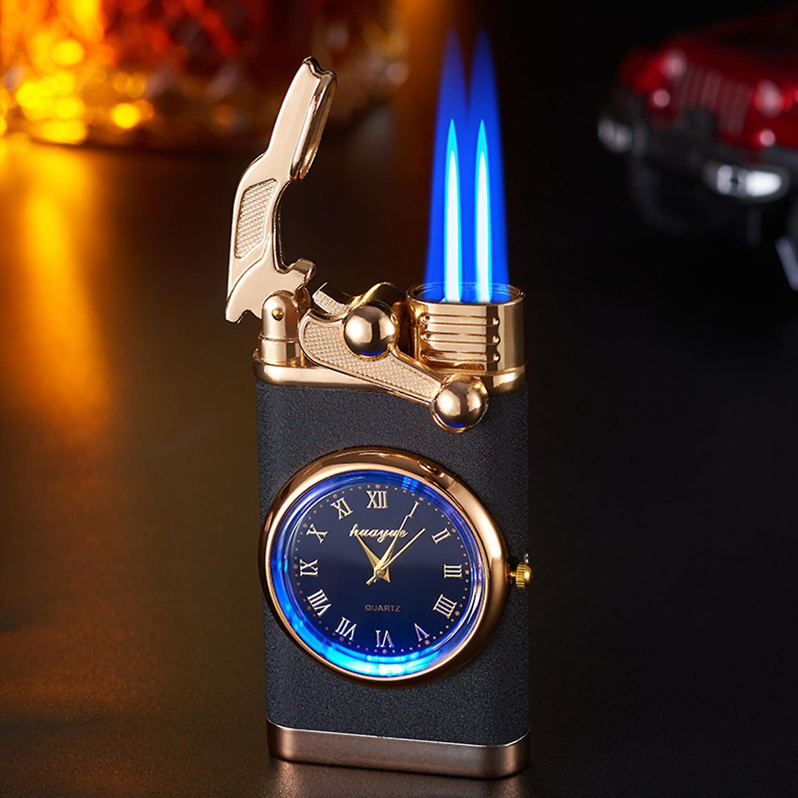 Baodan Double Fire Switching Lighter With Quartz Watch Metal Inflatable Windproof Blue Flame Lighter Fashion Gift F