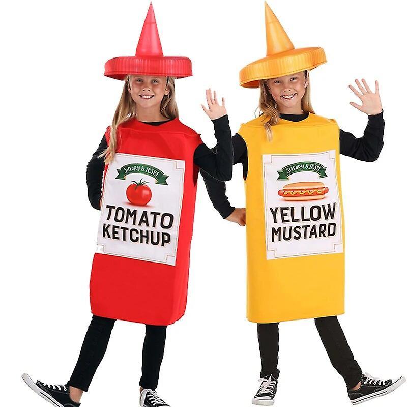 Sztlv Unisex 2024 Girl Food Fancy Dress Up Cosplay Boy Kids Mustard Ketchup Fun Halloween Costume Set Yellow Tunic Height 135-145cm