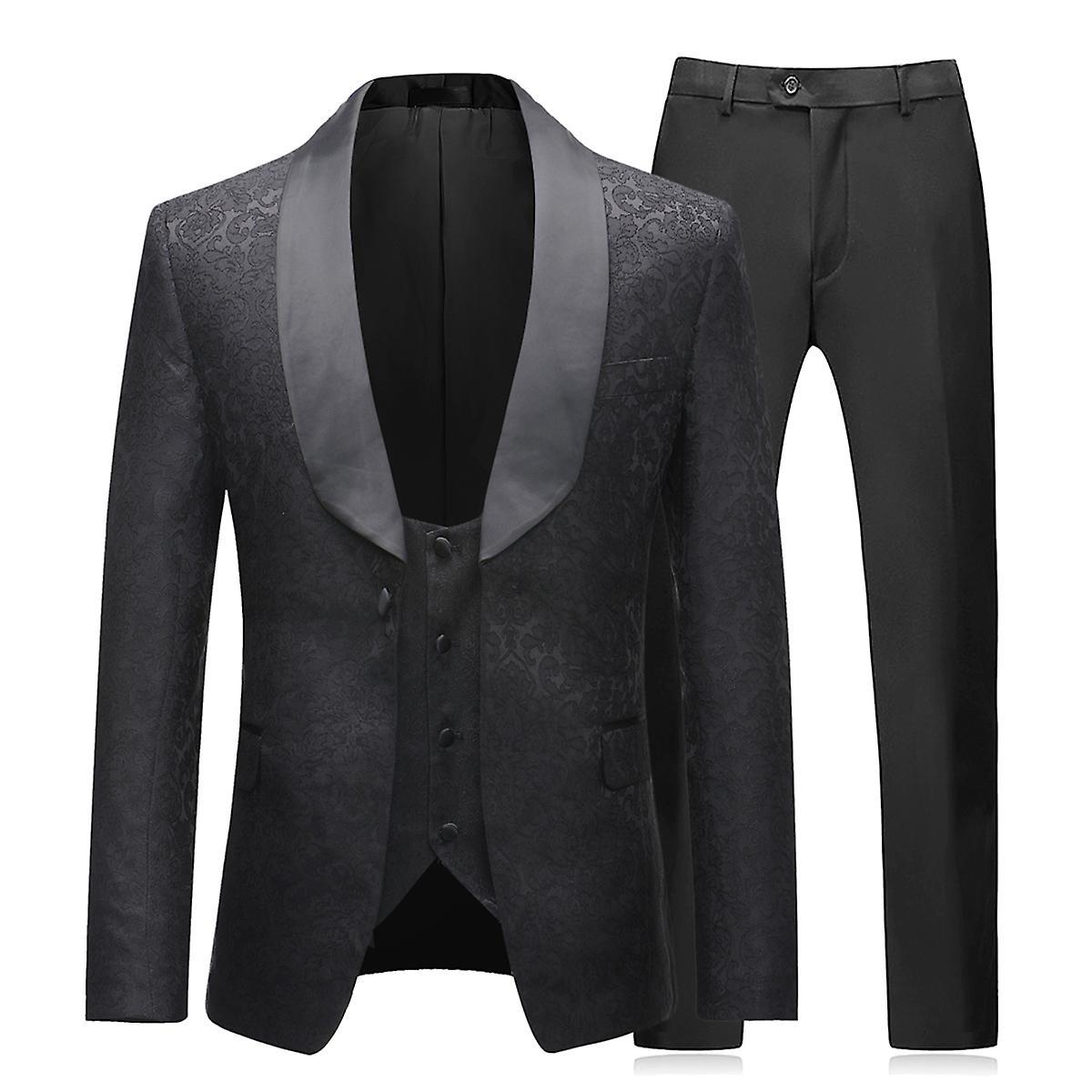 Allthemen Mens 3-Pieces Shawl Lapel Wedding Slim Fit Blazer&Vest&Pants Black XS