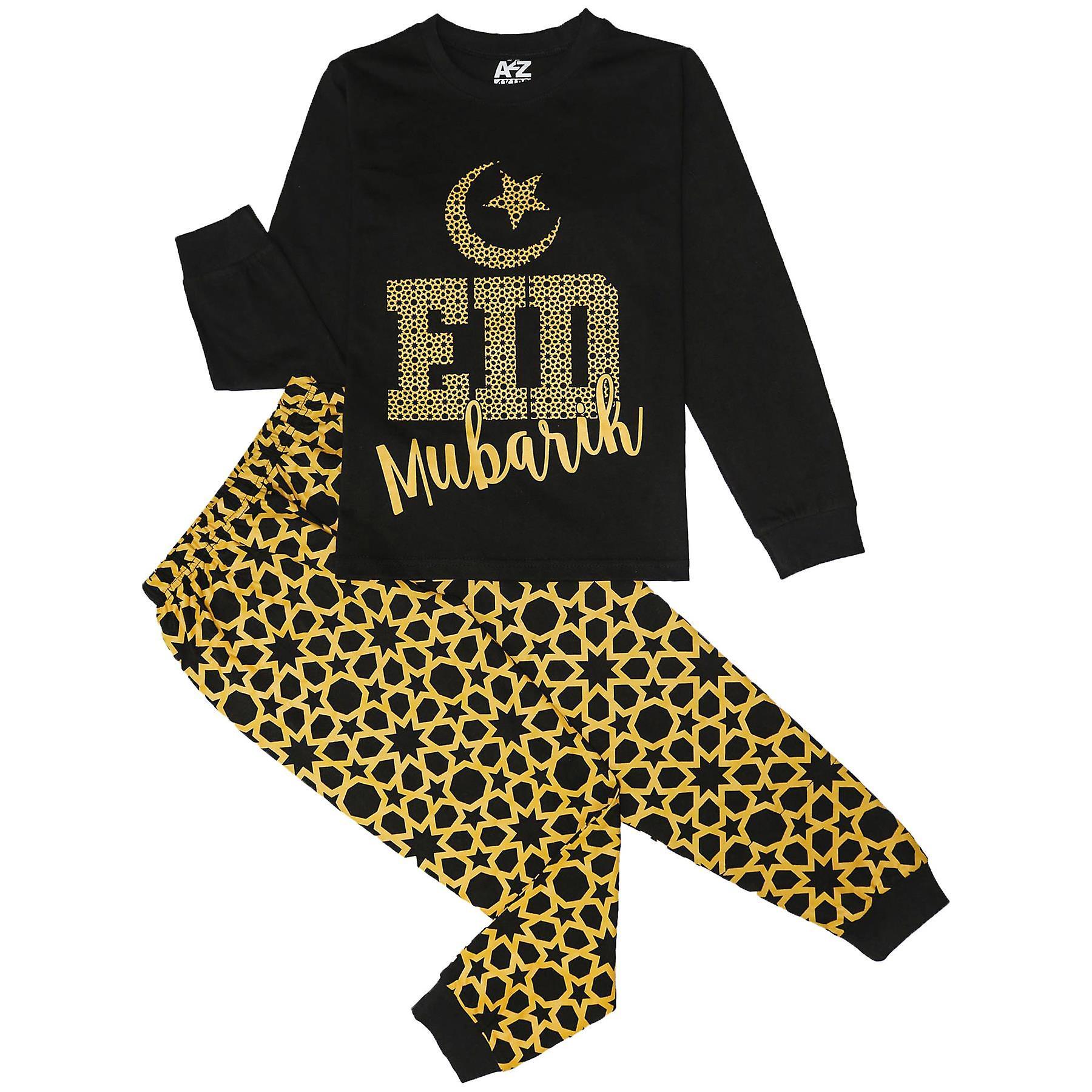 A2Z 4 Kids Kids Girls Boys Pyjamas Eid Mubarik Print Lounge Suit Pjs Top Bottom Set Black 7-8 Years