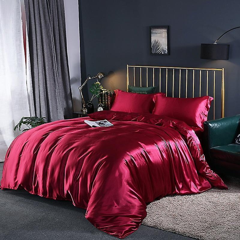 Slowmoose Luxury Satin Silk Bedding Set - Queen, King Size Bed Set Wine red 1.2m 3pcs flat sheet