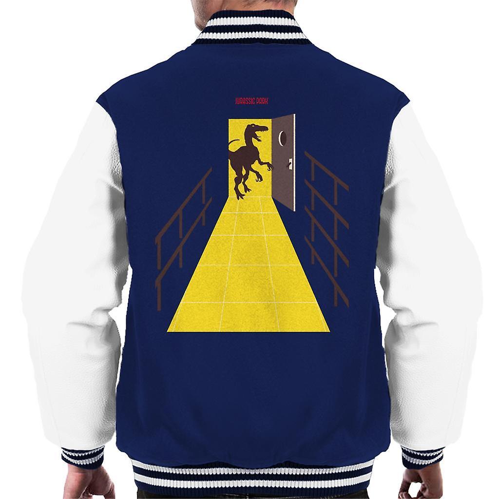 Jurassic Park Velociraptor Opening Door Men's Varsity Jacket Navy/White X-Large