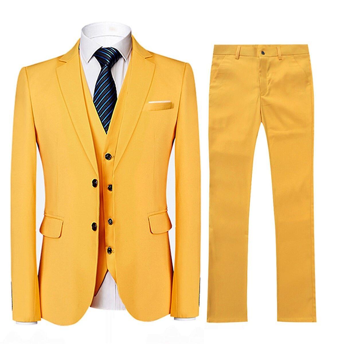 Allthemen Mens 3-Piece Suit Business Wedding Solid Color Slim-fit Blazer and Pants and Vest Yellow L