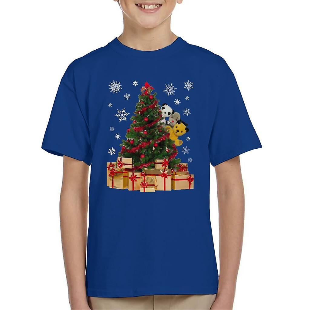 Sooty Christmas Characters Peeking Around Xmas Tree Kid's T-Shirt Royal Blue Small (5-6 yrs)