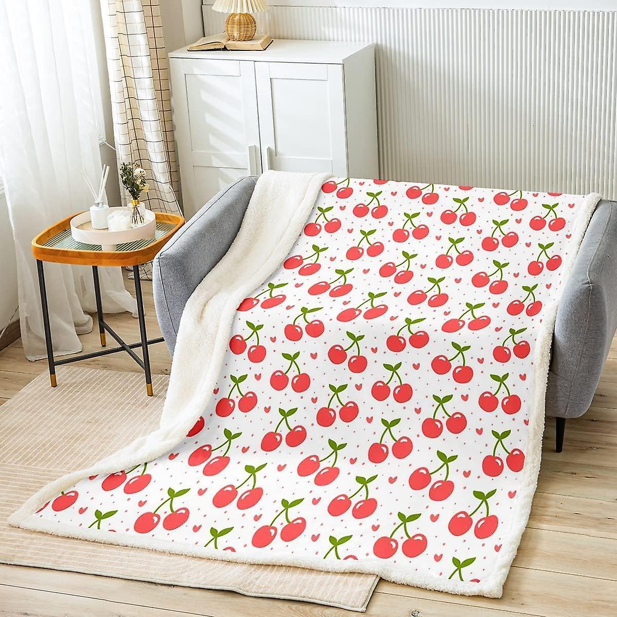 Kerota Cherry Sherpa Blanket Cherry Fruits Heart Toddler Fleece Throw Blanket for Kids Boys Girls Kawaii Fresh Fuzzy Blanket for Sofa Bed Vibrant R...