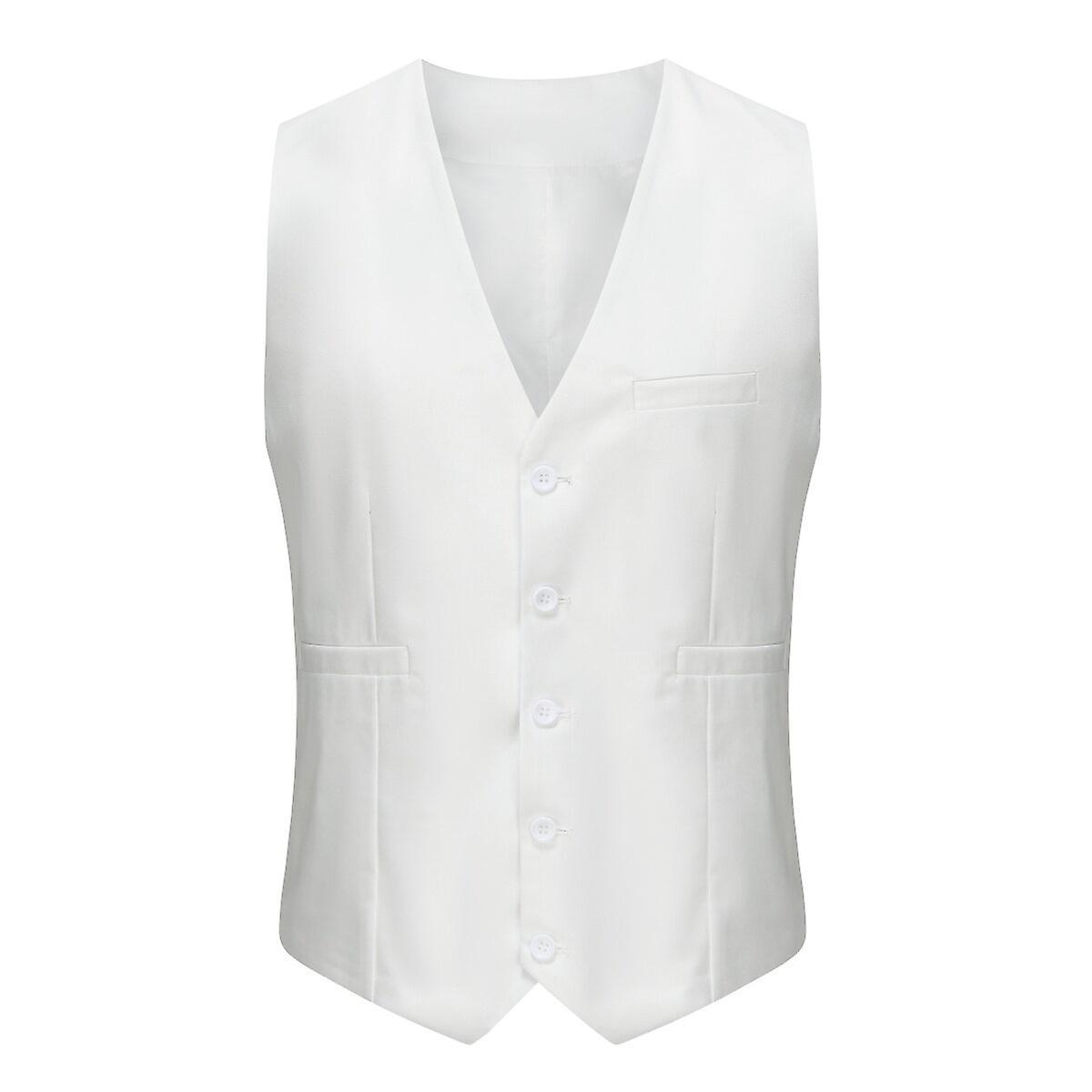 Sliktaa Mens Business Slim Formal Vest Solid Color Breasted Suit Waistcoat White XL