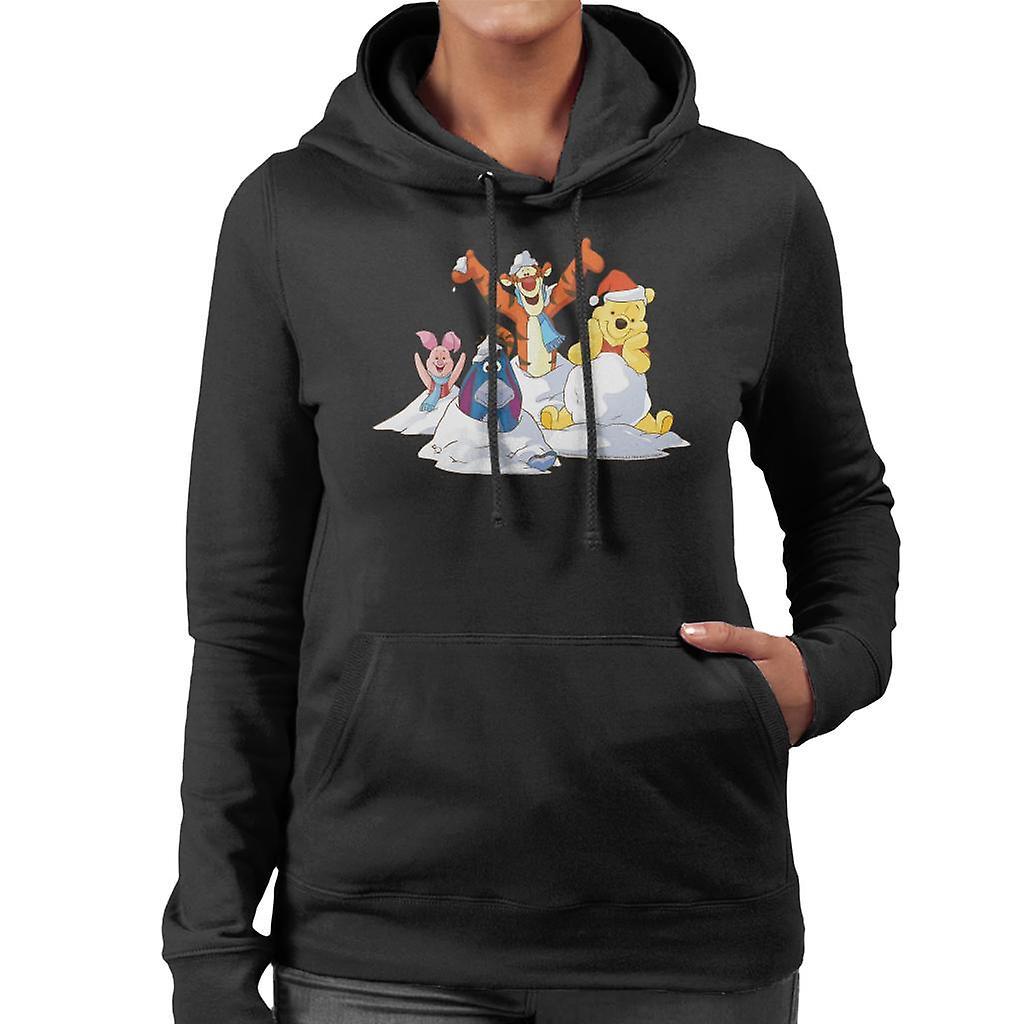 Disney Christmas Winnie The Pooh In The Snow With Friends Women's Hooded Sweatshirt Black Medium