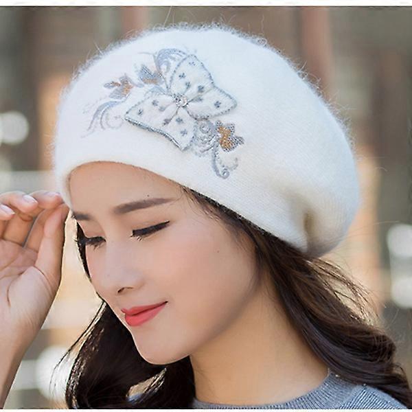 Redkid Women Angora Hat Winter Knit Beret Beanie Warm Double Layers Soft Casual Stretchy Outdoor Headwear Ski Accessory white ONE SIZE