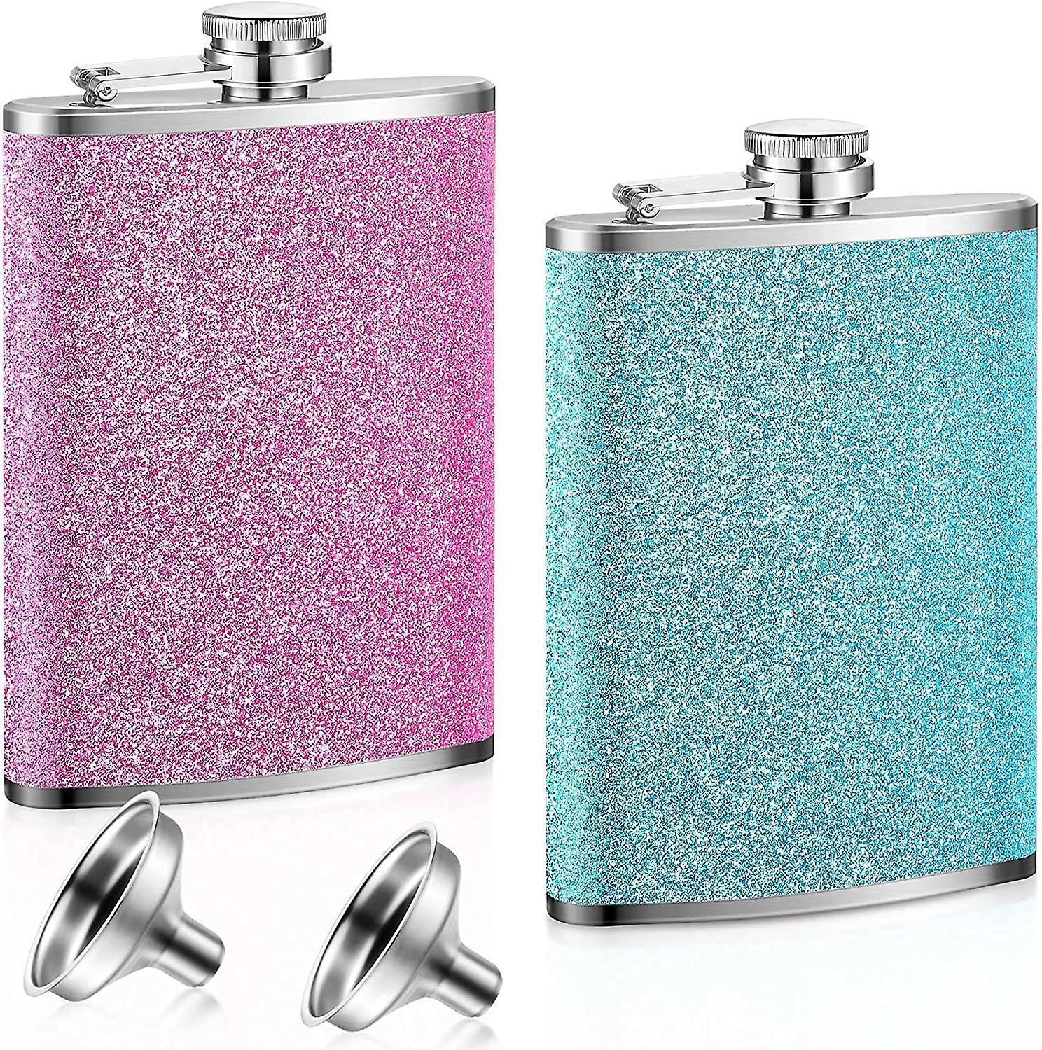 2 Pieces 8 Oz Stainless Steel Colorful Glitter Hip Flask Alcohol Liquor Flask Gift