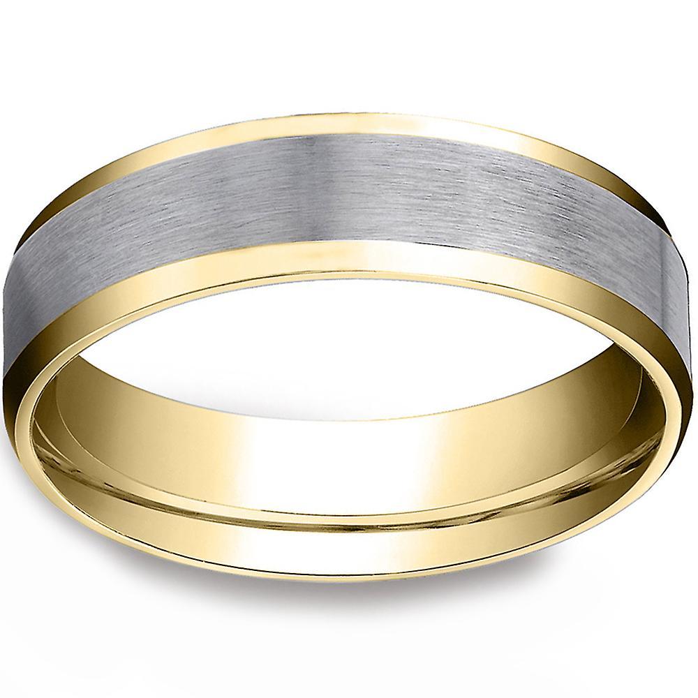 Pompeii3 Mens 10k Gold 6MM Satin Wedding Band Flat Beveled Edge Two Tone Ring 7