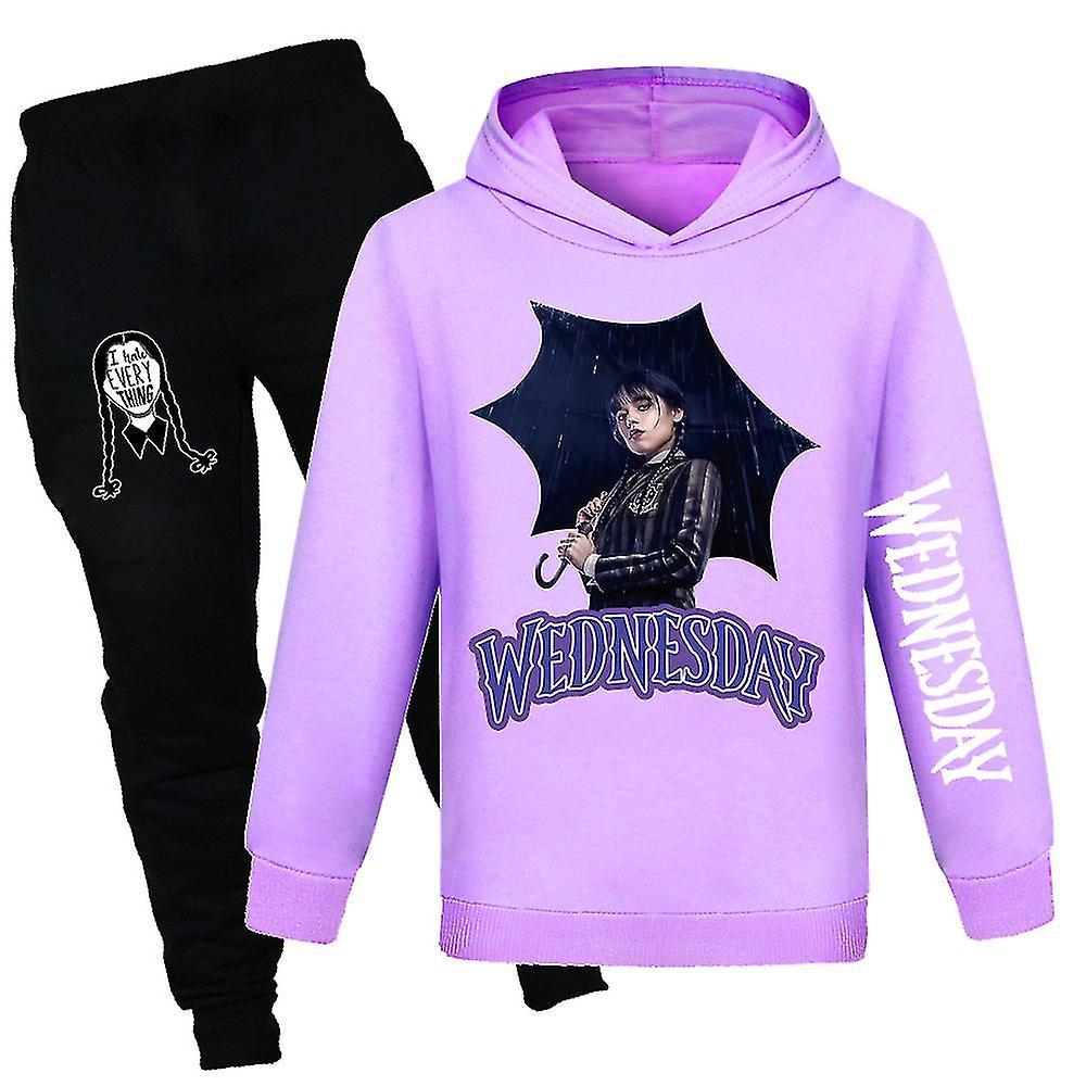 Jnnjv Wednesday The Addams Famliy Kids Hoodies Tracksuit Girls Casual Hooded Sweatshirt Jogger Pants Outfit Set Activewear Purple 13-14 Years