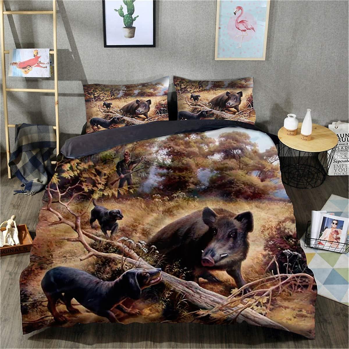 Kerota 3D Printed Duvet Cover Wild Boar Quilt Cover 3 Pieces Soft Microfiber Bedding Single135x200cm