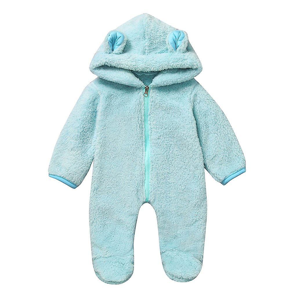 Slowmoose Newborn Baby Winter Fleece Jumpsuit-hooded Romper Blue 6M