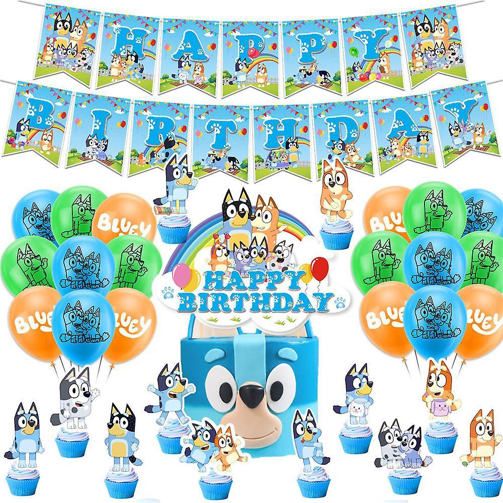 Sevenday Bluey Theme Kids Happy Birthday Party Supplies Kit Banner Balloons Cake Cupcake Toppers Decoration Set