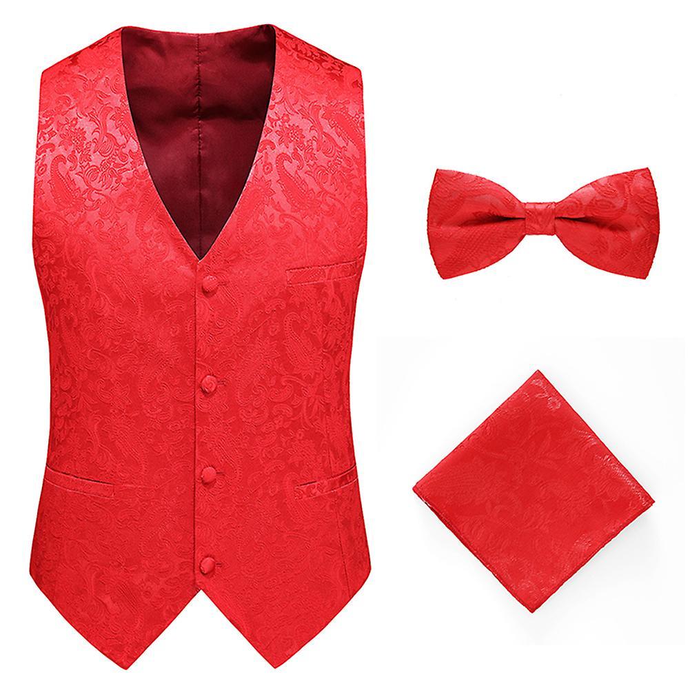 Yunclos Mens Formal Wedding Paisley Waistcoat Bow Tie Set Jacquard Woven Suit Vest Red L