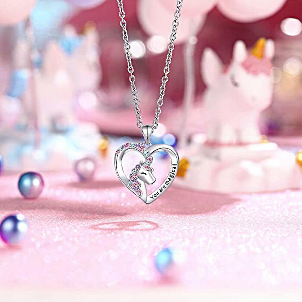 Manchalk Kids Girls Love Heart Shaped Magic Unicorn Pendant Necklace Jewellery Gift