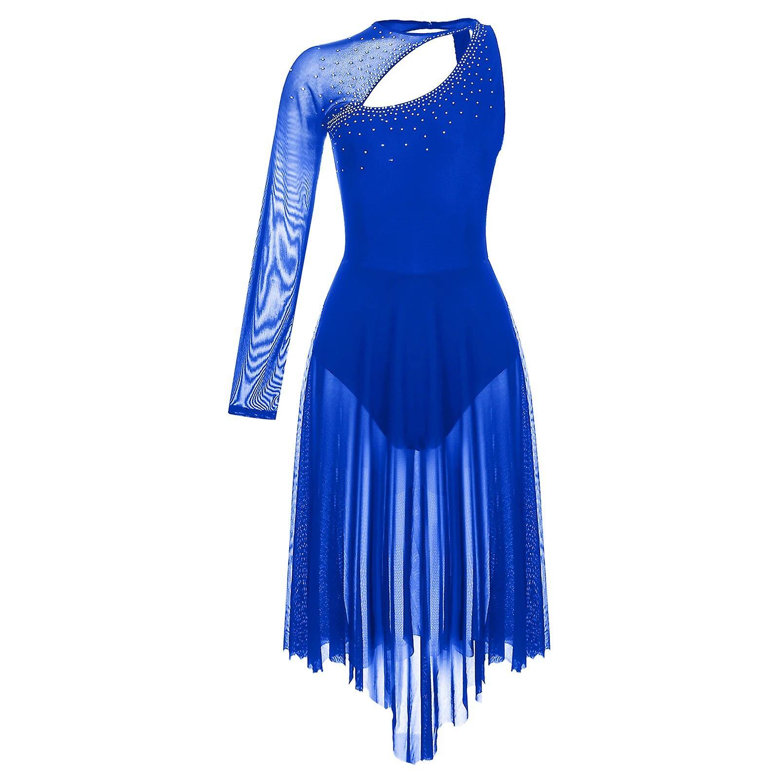 Aionyaaa Figure Skating Dress Womens Long Sleeve Lyrical Dance Dress Stage Dancewear Sheer Mesh Gymnastics Leotard Ballroom Costume M Royal Blue