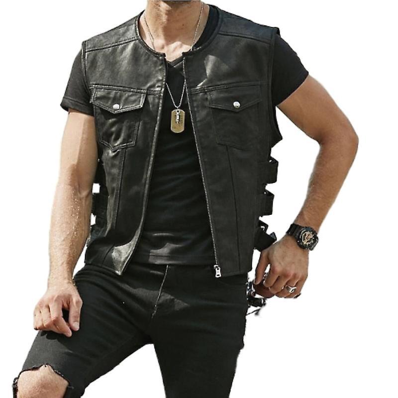 Jielin PU Leather Motorcycle Vest for Men, Men's Sleeveless Vests Jacket Black L