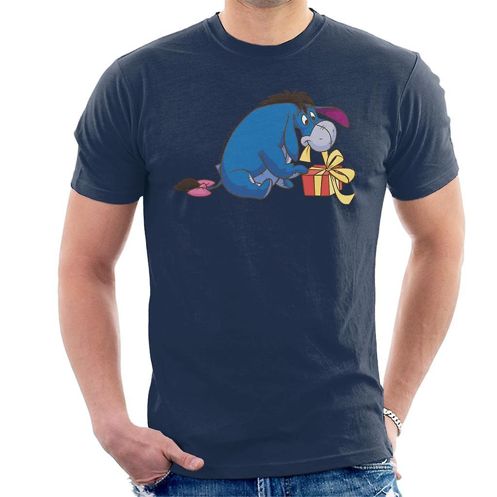 Disney Christmas Eeyore Undoing Present Men's T-Shirt Navy Blue Small