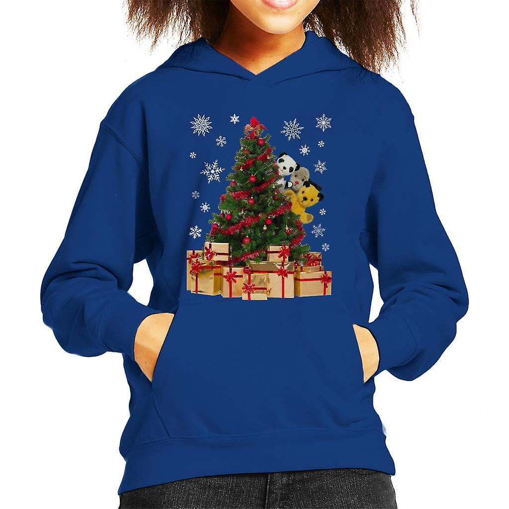 Sooty Christmas Characters Peeking Around Xmas Tree Kid's Hooded Sweatshirt Royal Blue Medium (7-8 yrs)