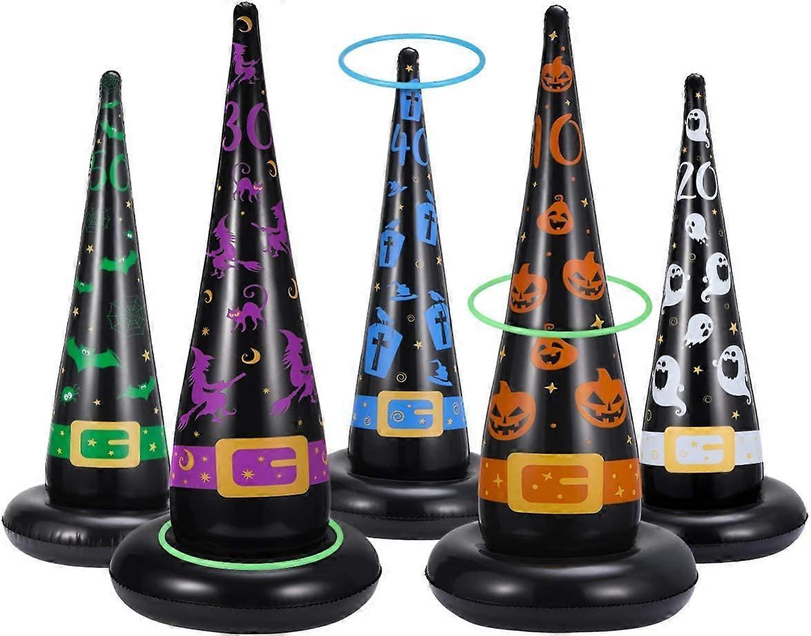 Baicccf Halloween Ring Toss Game Set 5PCS Inflatable Witch Hats with 10PCS Plastic Rings for Halloween Party Games Indoor Outdoor Fun