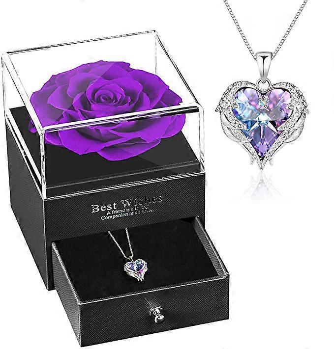 Morakot Preserved Real Rose with Angel Wing Love Heart Necklace Gift Set for Her Purple