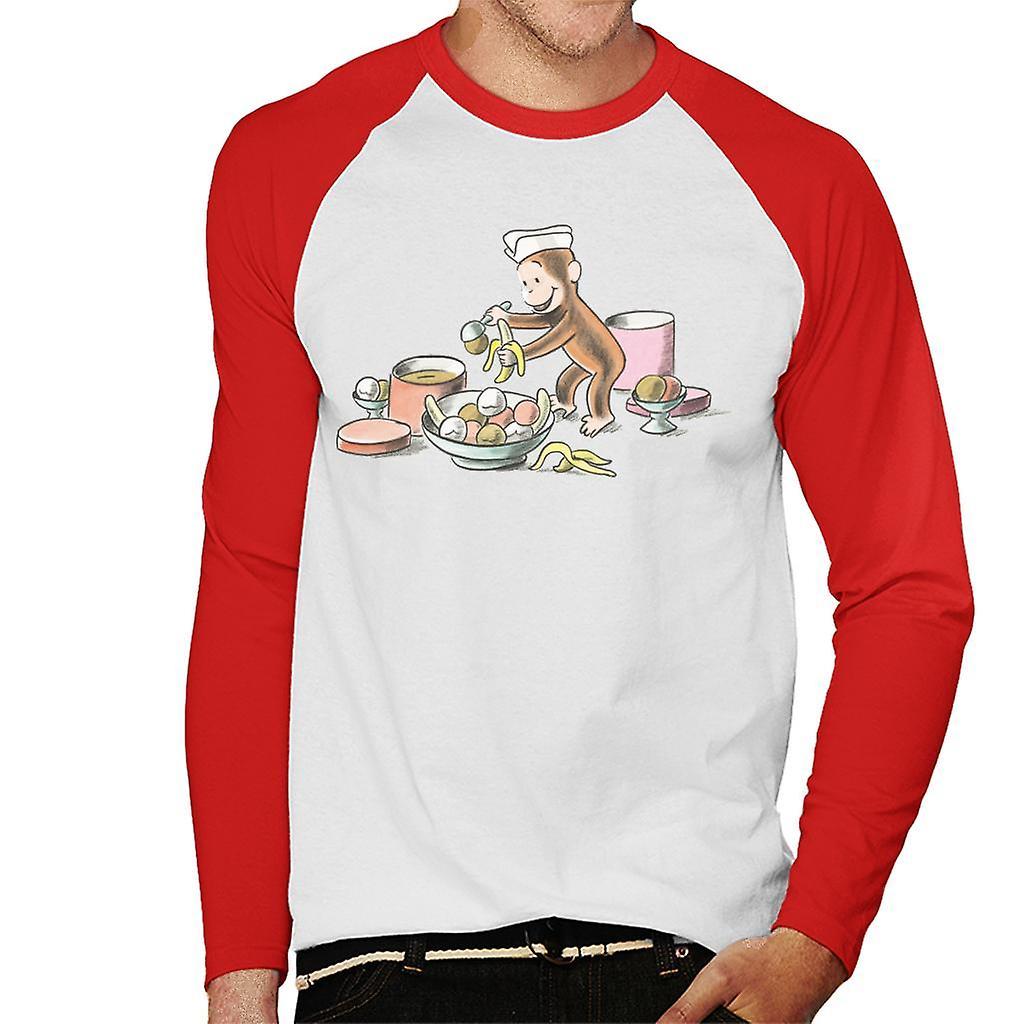 Curious George Ice Cream And Bananas Men's Baseball Long Sleeved T-Shirt White/Red Large