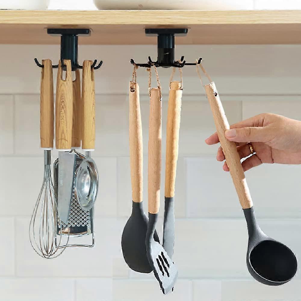 Tinor 360 Rotating Kitchen Utensil Holder Set of 2, Kitchen Utensil Holder with 6 Hooks, No Drilling Storage Organizer Rack (Black)