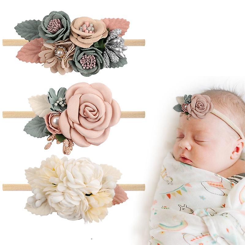 Vobobe 3 Pcs Baby Girl Flower Nylon Headband Soft & Stretchy Floral Hair Band Hair Accessories Gift For Newborn Infant Toddler F