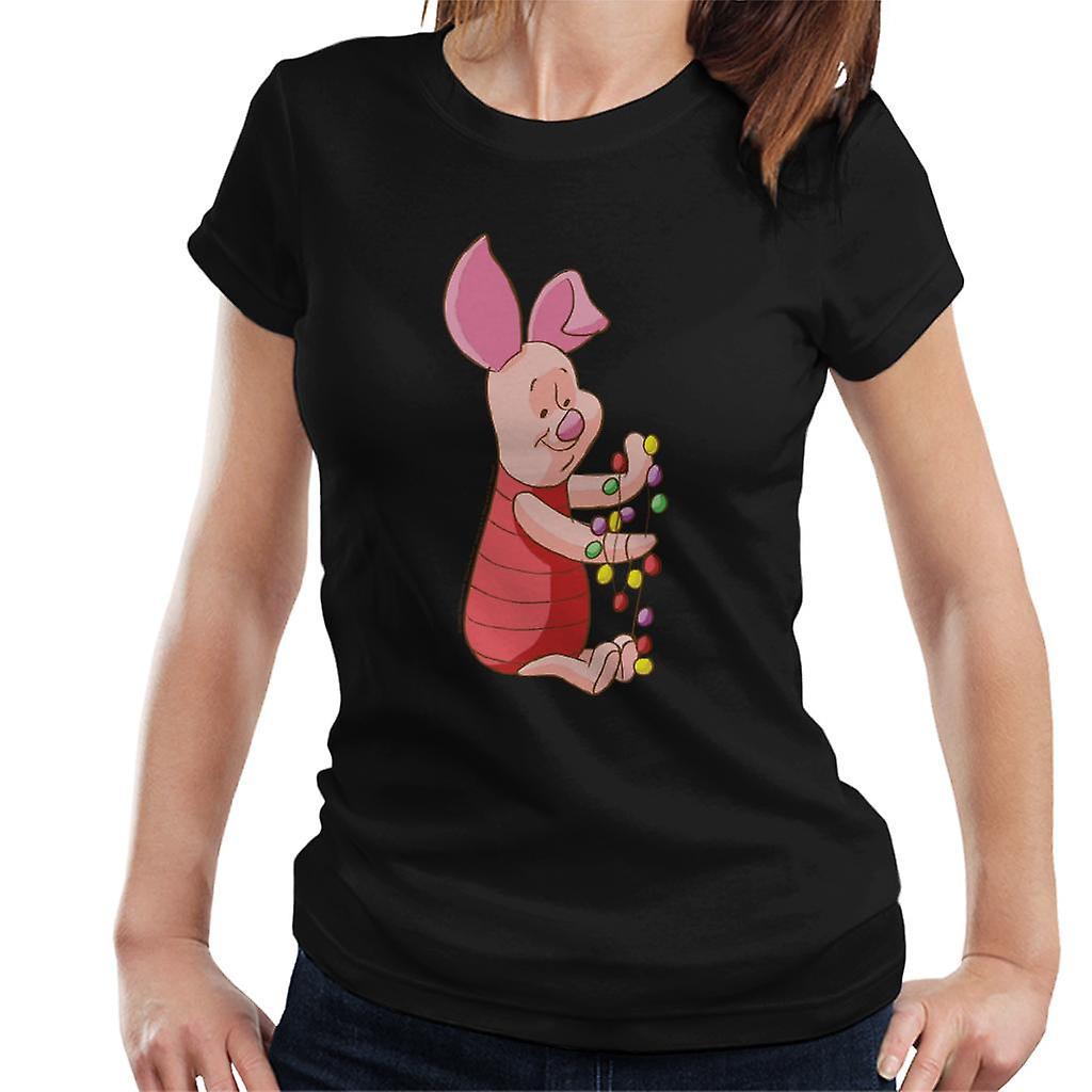 Disney Christmas Piglet Holding Festive Lights Women's T-Shirt Black Medium