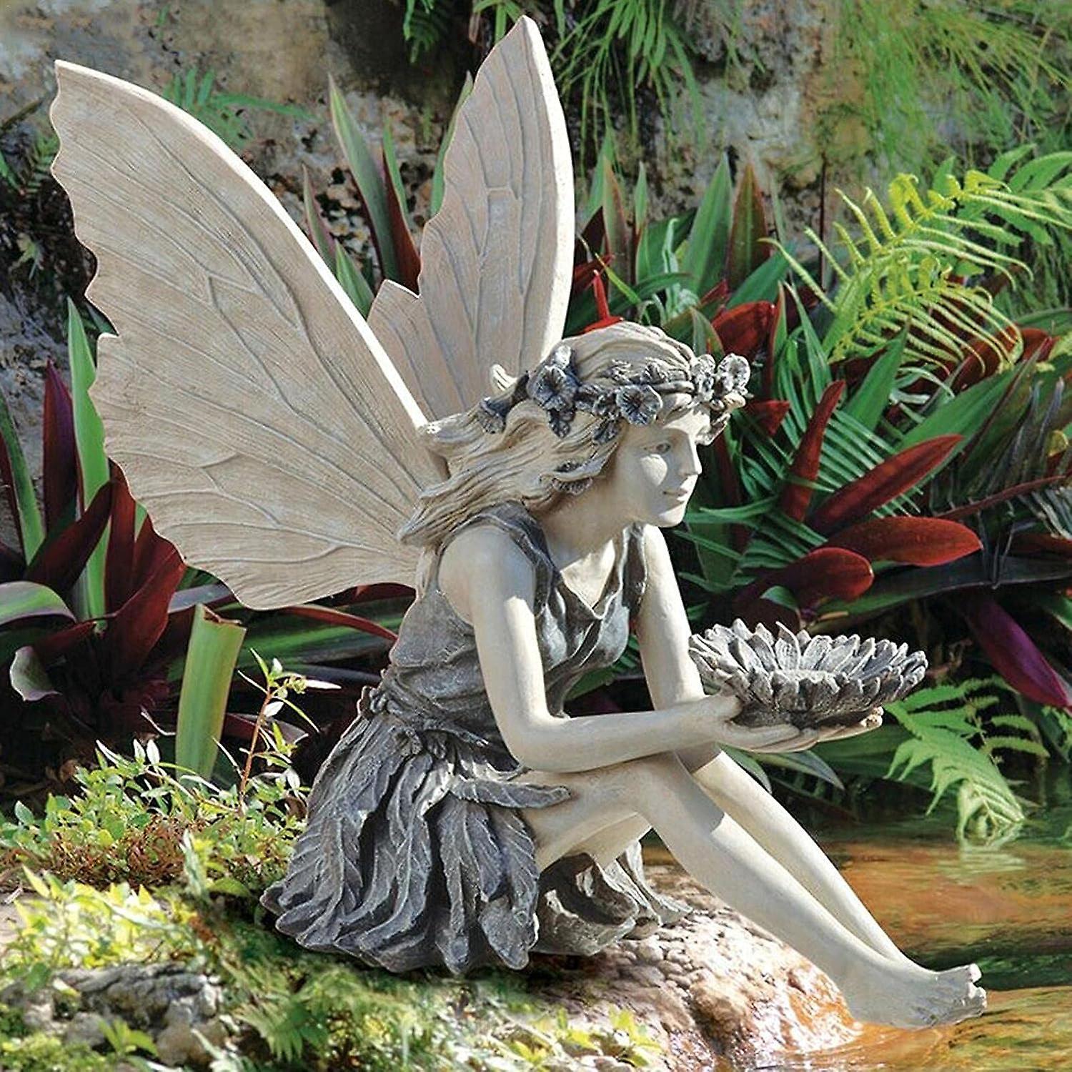 SZTXJ Fairy Garden Statue, Sunflower Fairy Statue Garden Sculpture, Stone Bird Feeder Garden Ornament, Realistic Angel Figurine Fairy Figurines Outdoo