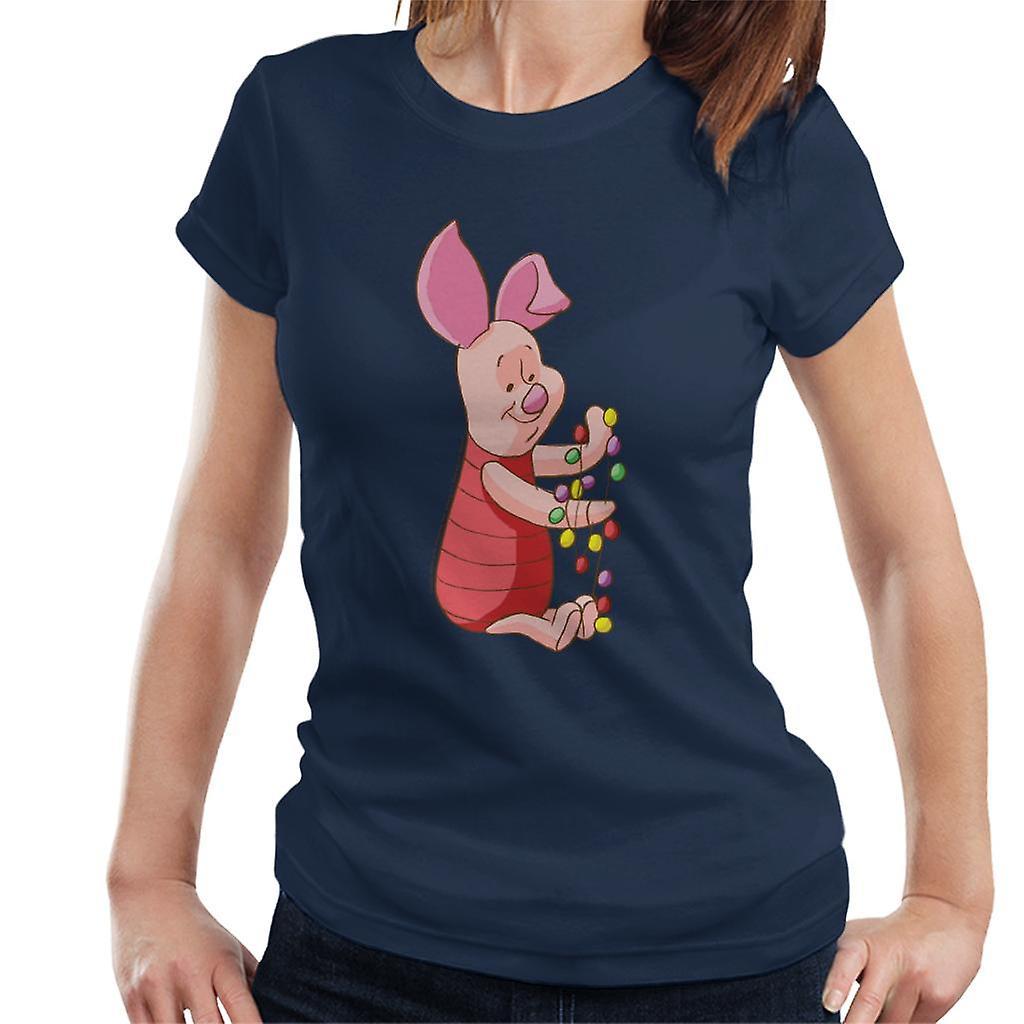 Disney Christmas Piglet Holding Festive Lights Women's T-Shirt Navy Blue X-Large