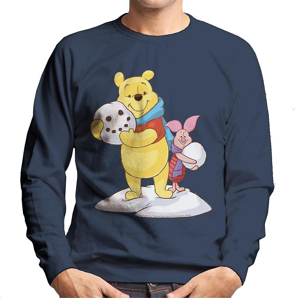 Disney Christmas Winnie The Pooh And Piglet Building Snowman Men's Sweatshirt Navy Blue X-Large