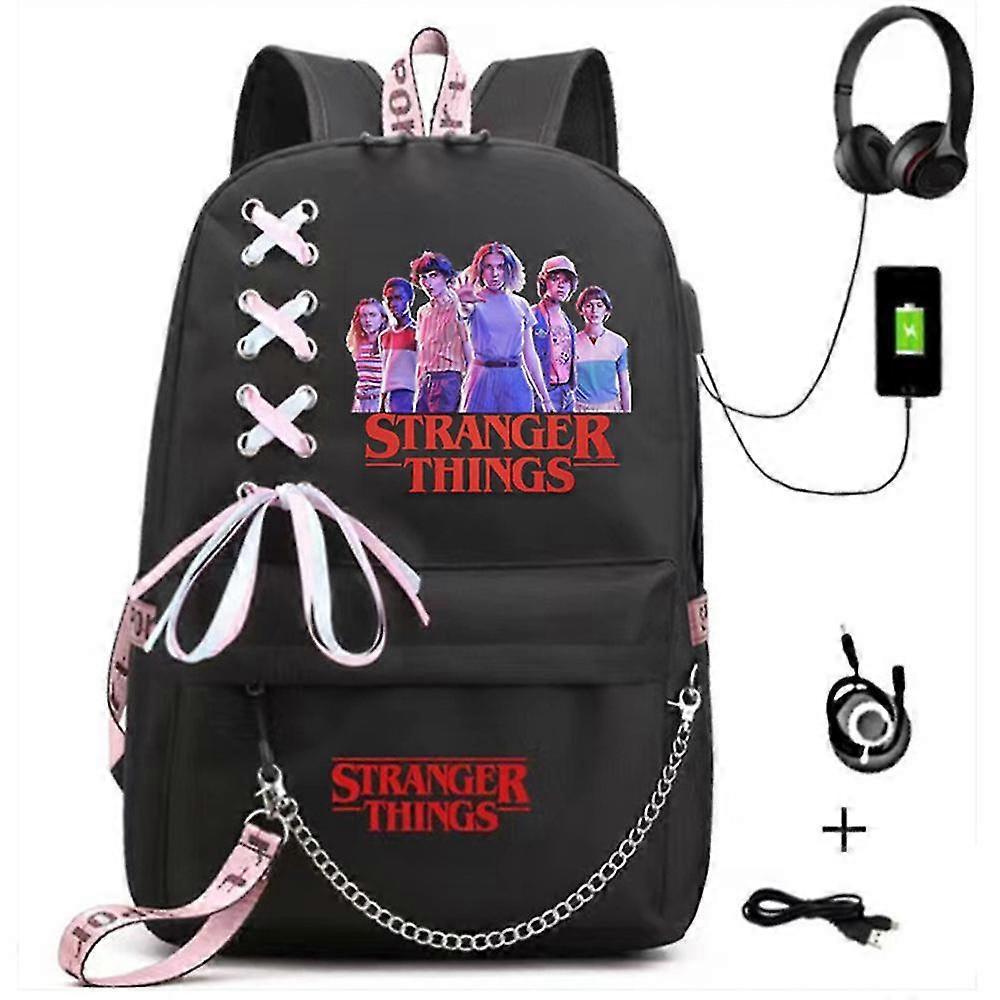 Lequeen Stranger Things Hellfire Club School Backpack Large Capacity Rucksack Usb Charging Travel Bag B