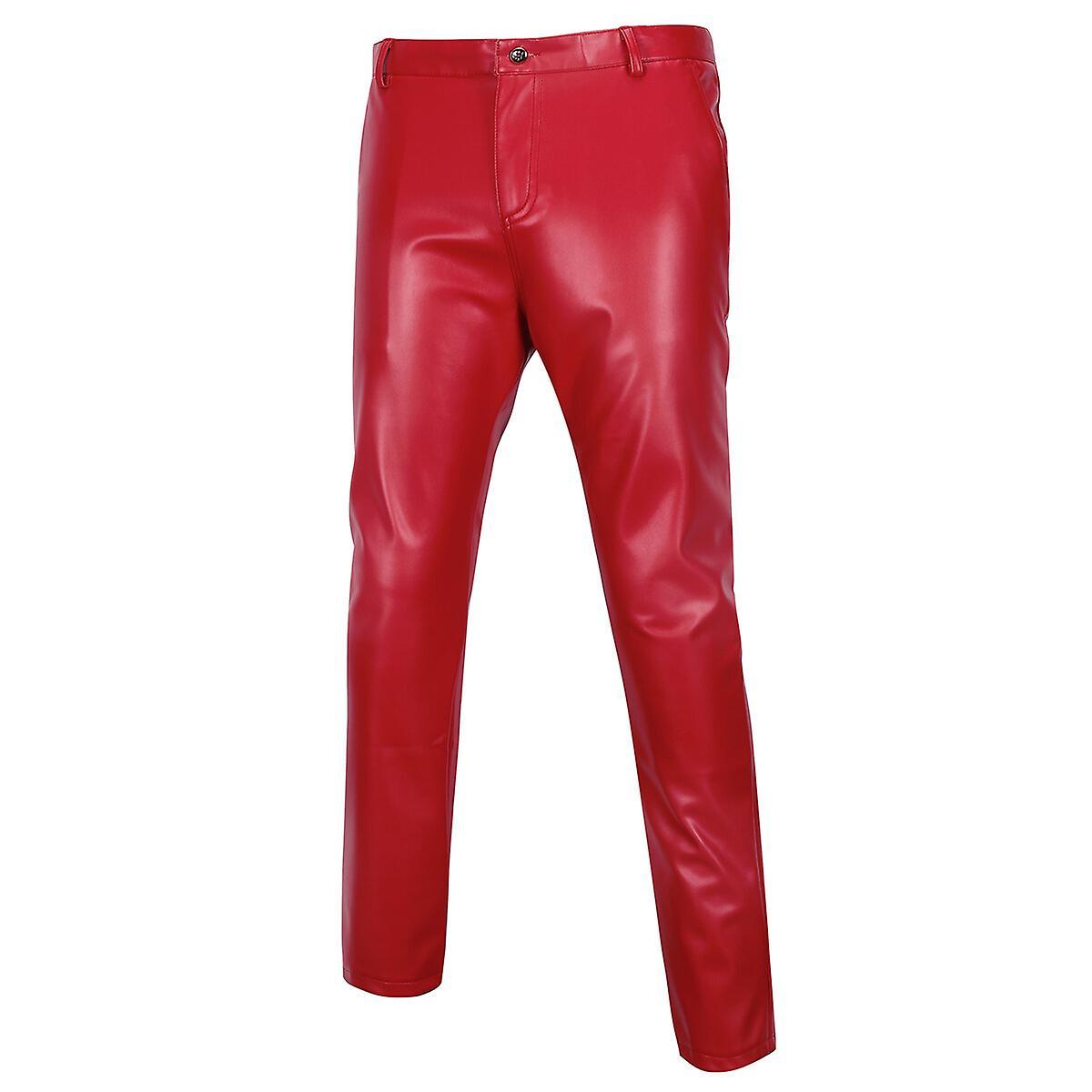 Sliktaa Mens Fleece-Lined Straight-Leg Leather Pants Red EU37