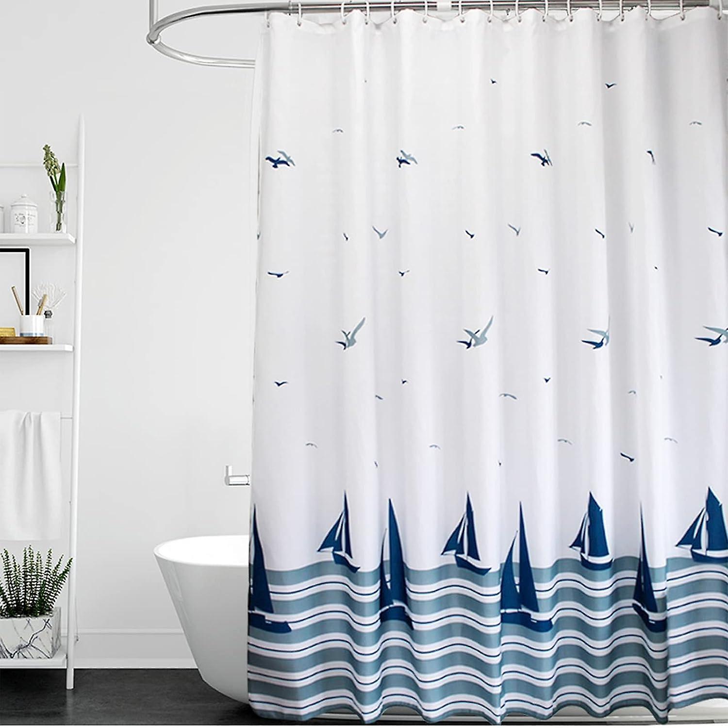 Sztxj Shower Curtain 100x180-Weighted Hem & Anti Mould & Resistant Washable, Blue Sailboat Nautical Bathroom Curtains with  Hooks