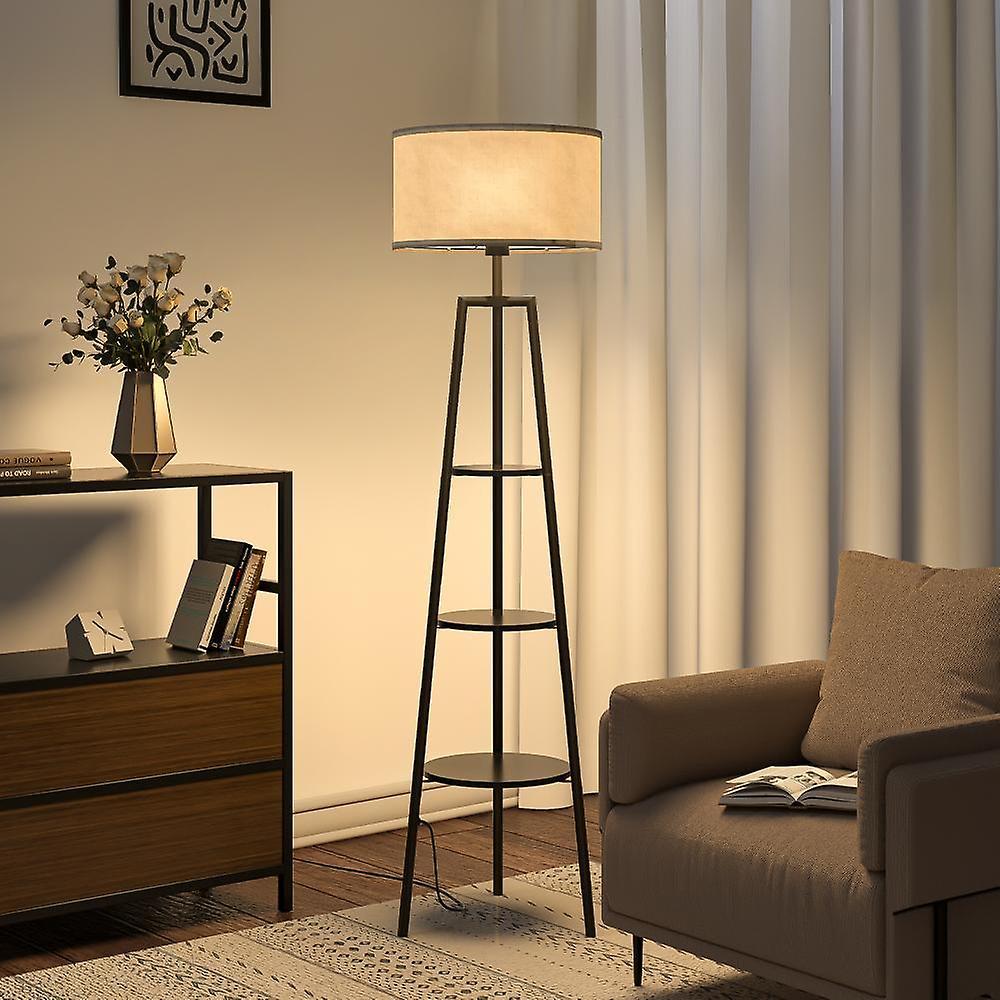 Living And Home Round Shelf Floor Lamp with Fabric Lampshade