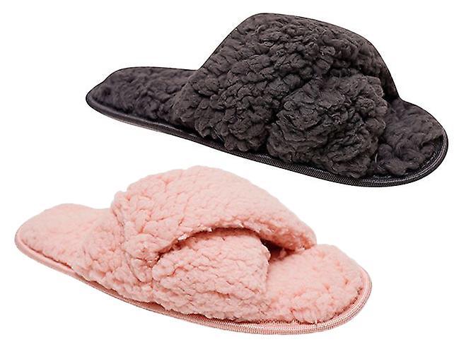 Loungeable Loungable Glamorous Soft Faux Fleece Fur Peeptoe Mule Slippers with Non-Slip Hard Sole Pink / Grey UK 3-4