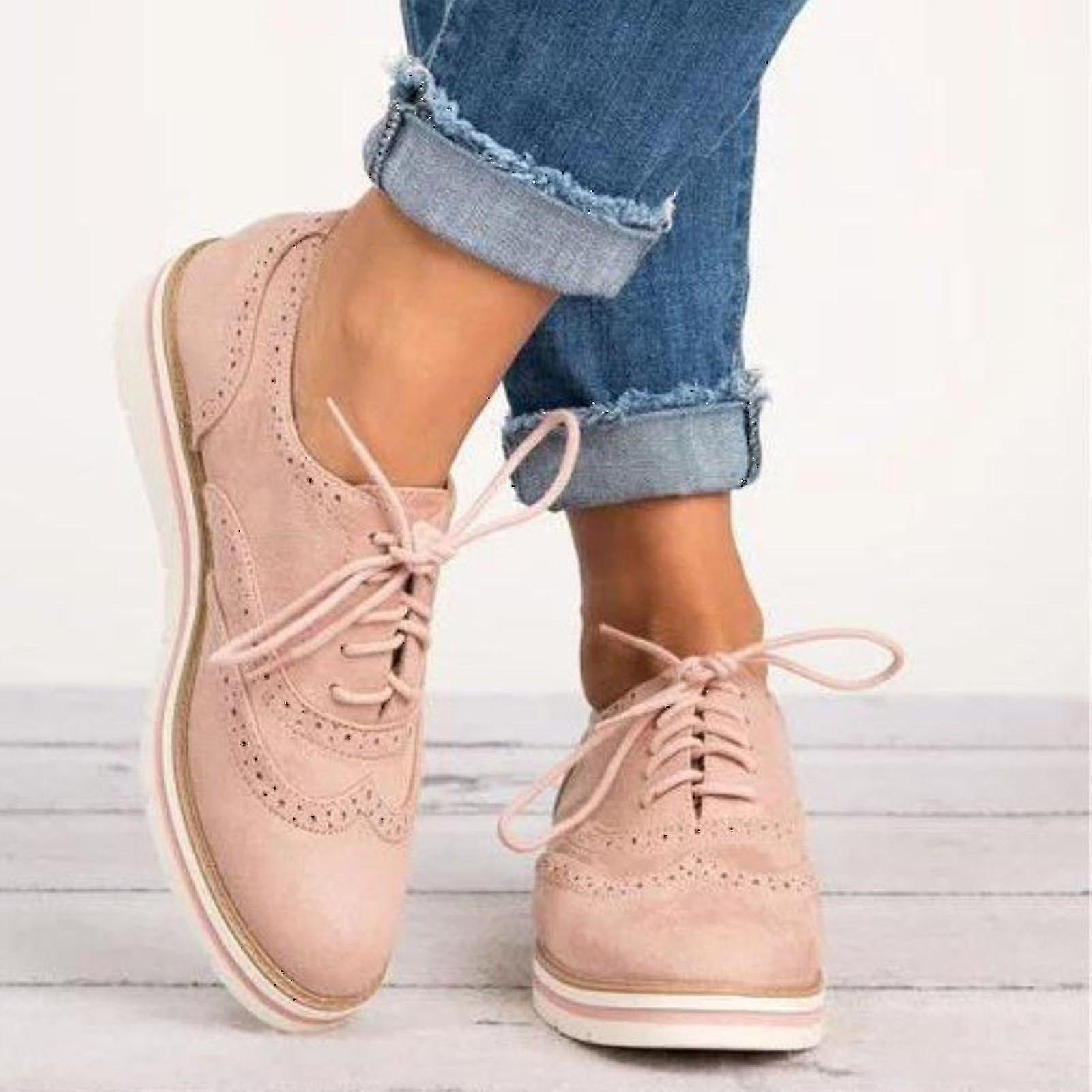 Subaoe Women Flat Oxford Brogue Lace-up Pumps Office Sneakers Shoes RX Pink 38