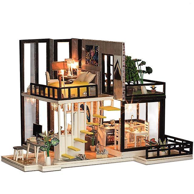 mickcara 10 Kinds Diy Doll House With Furniture Children Adult Miniature Wooden Dollhouse Construction Model Building Kits Doll House Toy Purple