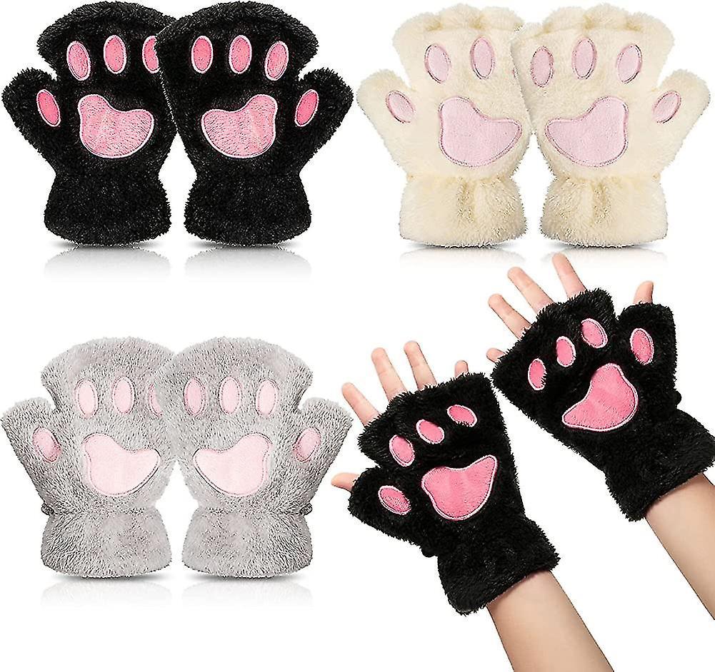 Yuzee Cat Paw Gloves 3 Pairs Kawaii Gloves Cat Paws Cosplay Faux Fur Plush Cat Gloves coral