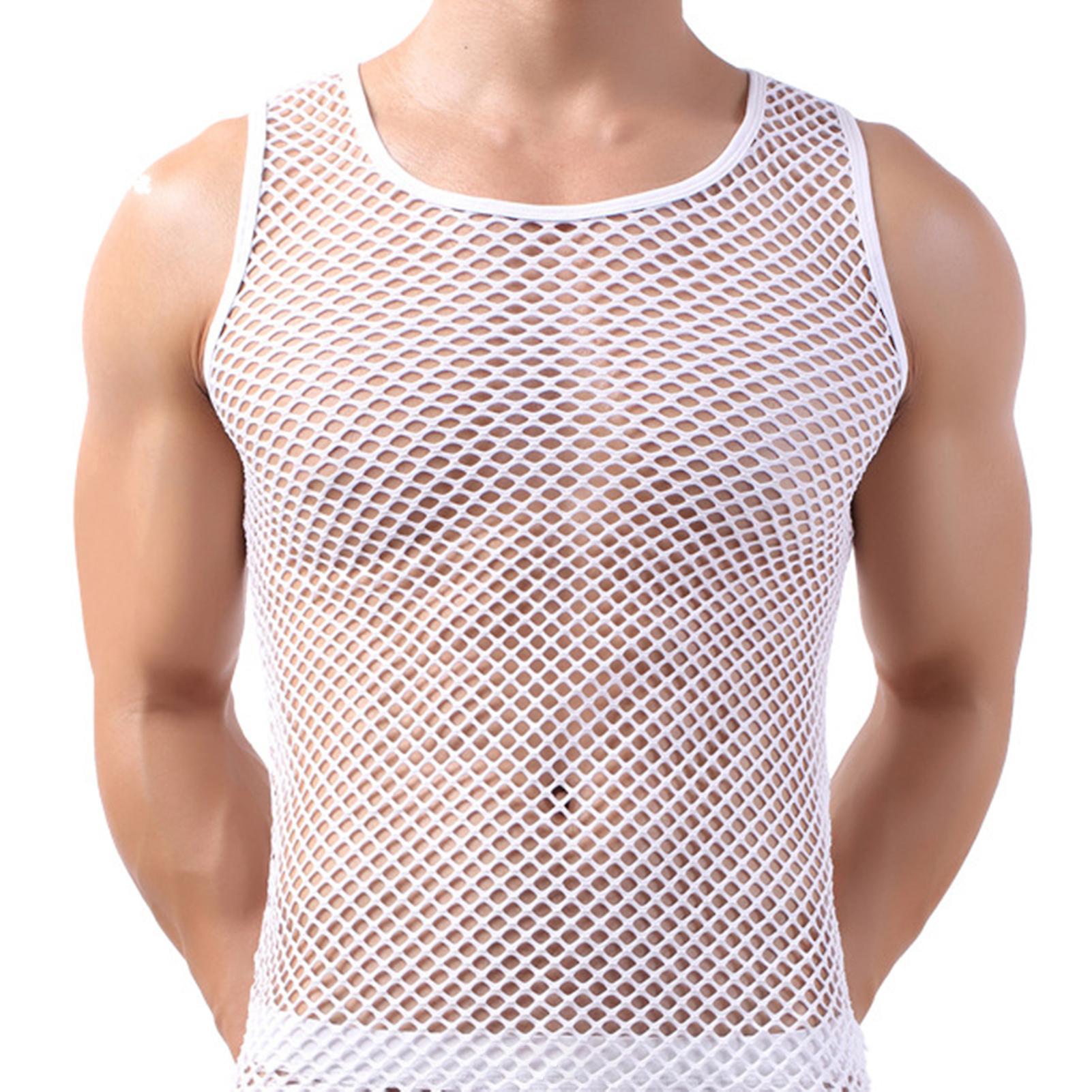 Fianao Men Undershirt Mesh See-Through Sleepwear Fish Net Pure Color Vest for Sleeping White M