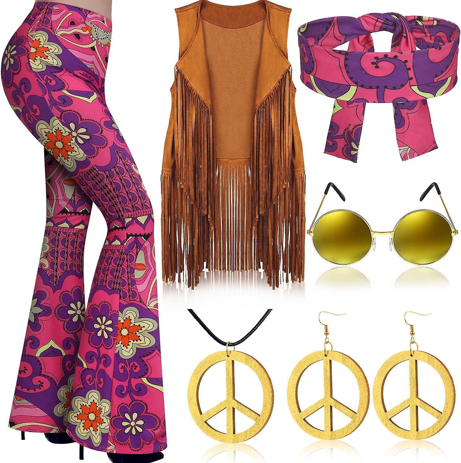 Morakot 7 Pcs 60s 70s Outfits For Women Hippie Costume Set Boho Flared Pants Fringe Vest Peace Sign Accessories Set Small