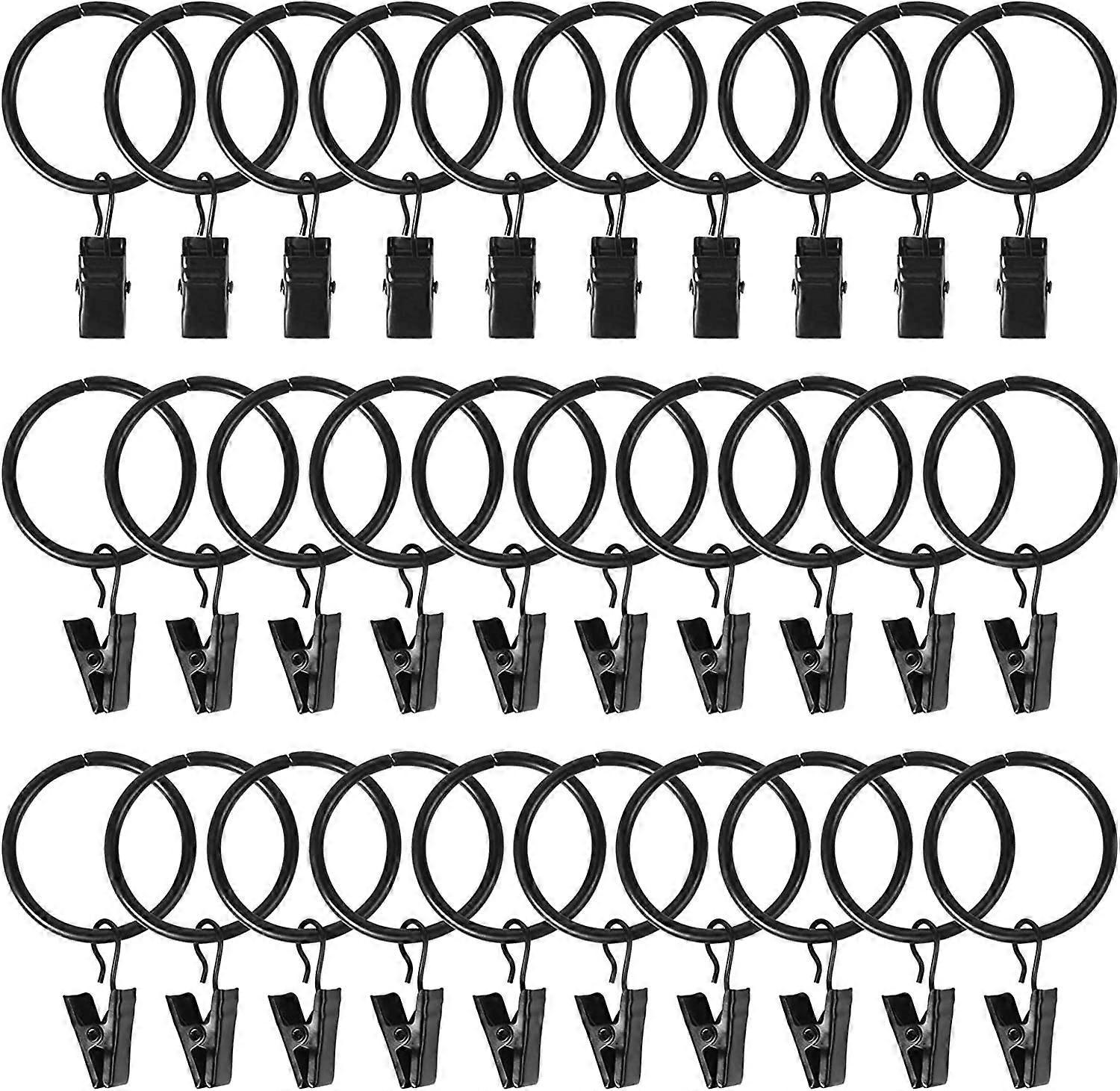 Augro Curtain Rings with Clips, 30 Pcs 32mm Drapery Rings Clips Black, Curtain Ring Hangers Metal Rust Proof for Curtains and Rods