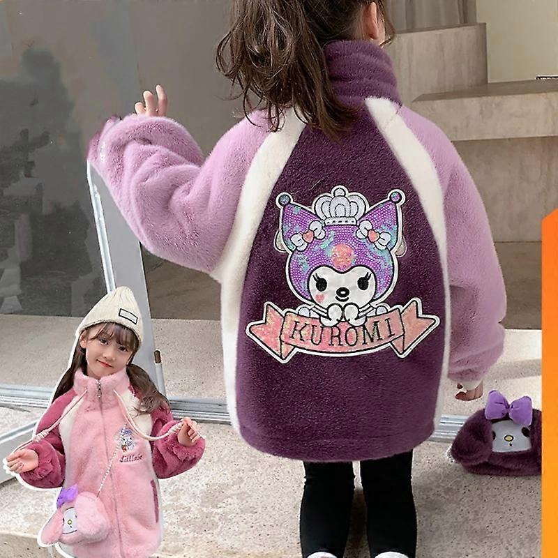 Hcankcan Sanrio Kawaii Anime Kuromi Winter Warm Plush Coat Bag Cute My Melody Cartoon Fleecing Thickness Cotton-Padded Jacket Gifts Girls 120cm