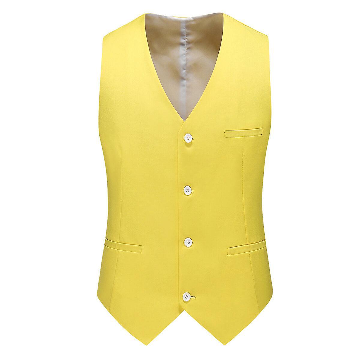 Allthemen Mens V-Neck Suit Vest Solid Color Wedding Business Vest Waistcoat Bright Yellow L