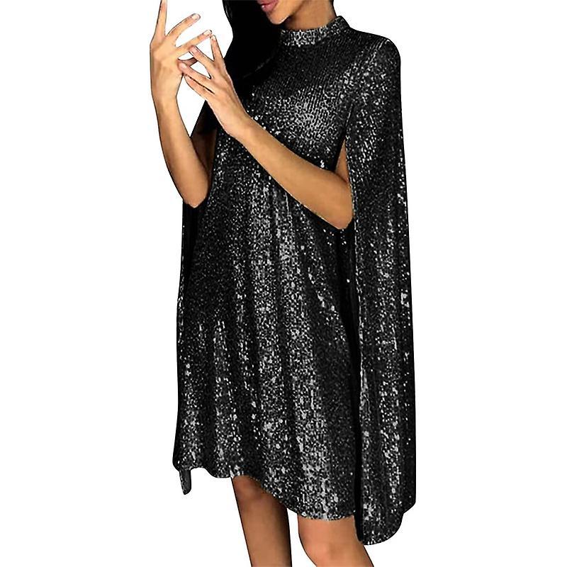 Waidfu Women Cape Sequin Dress Long Sleeve Mini Split Dress BLACK 2XL