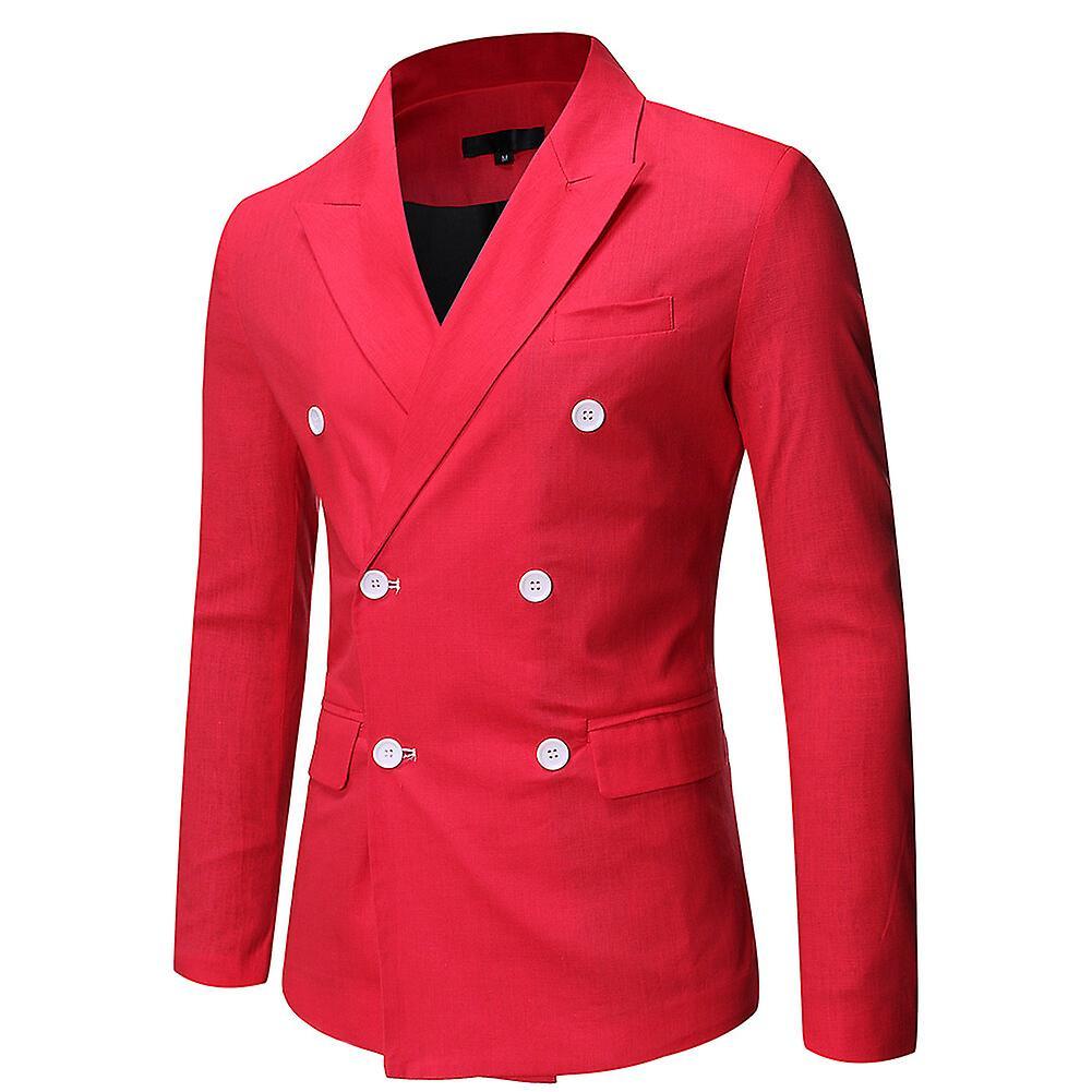 Allthemen Mens Casual Lapel Solid Double-breasted Slim Suit Jacket Red L