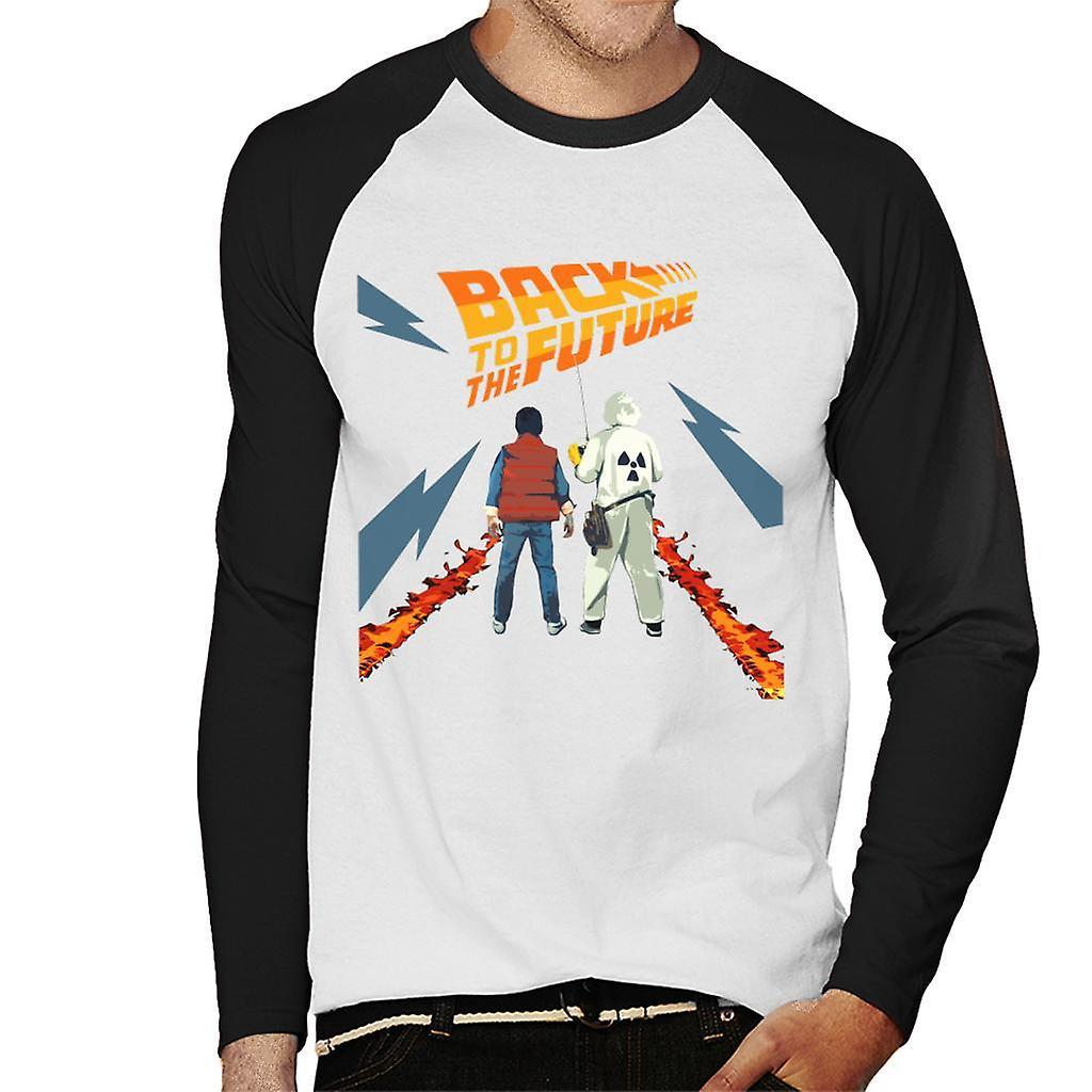 Back to the Future Delorean Fire Trail Marty And Doc Men's Baseball Long Sleeved T-Shirt White/Black Large